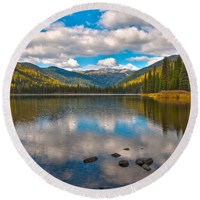 Landscape Round Beach Towel featuring the photograph Upper Whitefish Lake by Brenda Jacobs