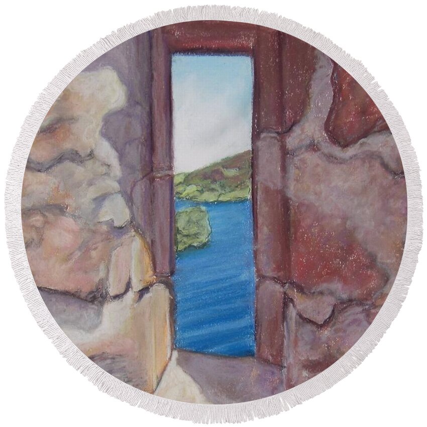 Loch Ness Round Beach Towel featuring the painting Archers' Window Urquhart Ruins Loch Ness by Laurie Morgan