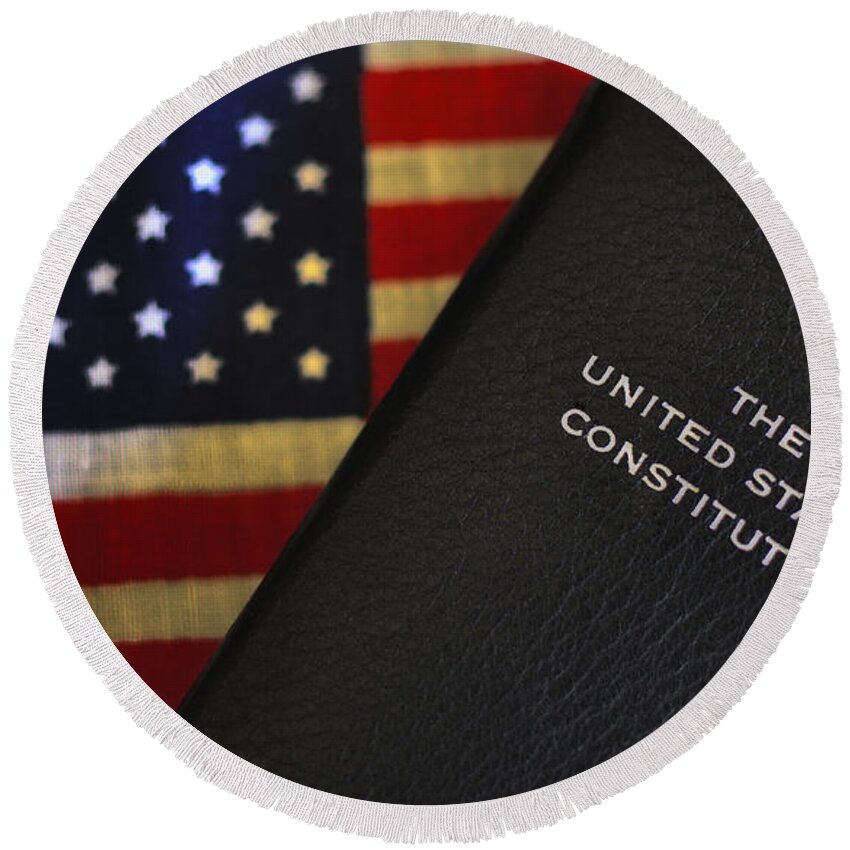 U.s. Constitution Round Beach Towel featuring the photograph United States Constitution and Flag by Ron White