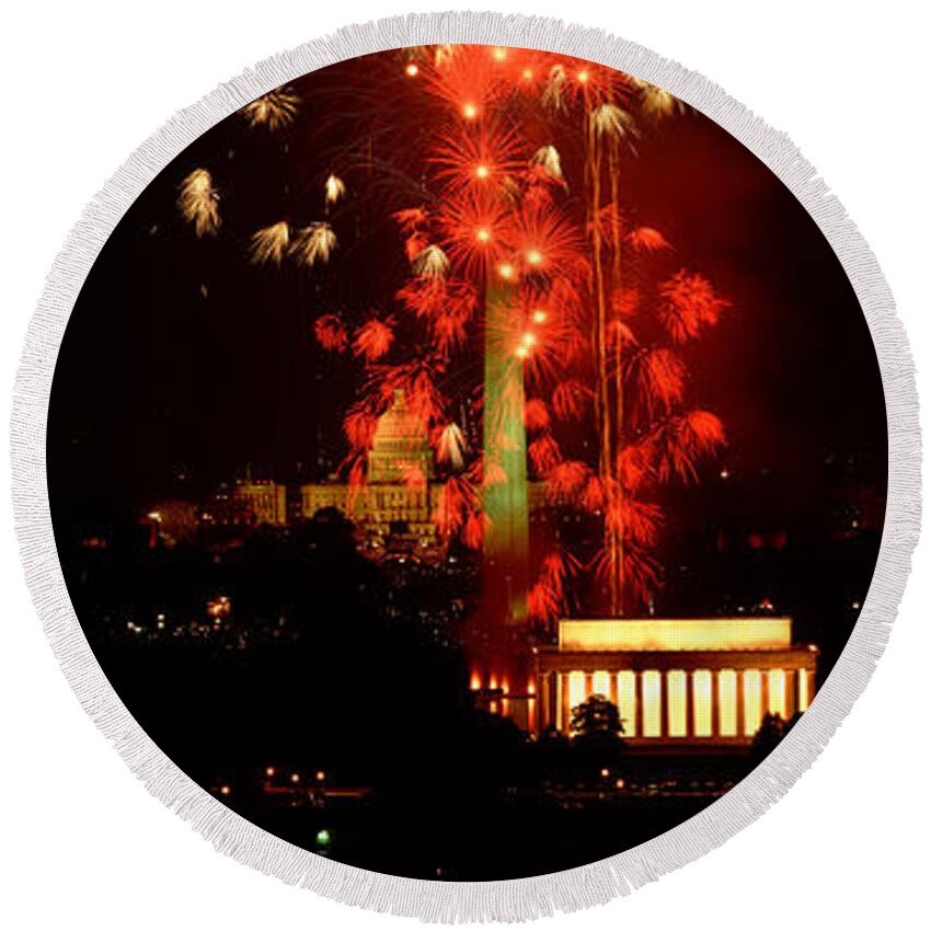 Vertical Round Beach Towel featuring the photograph Usa, Washington Dc, Fireworks by Panoramic Images