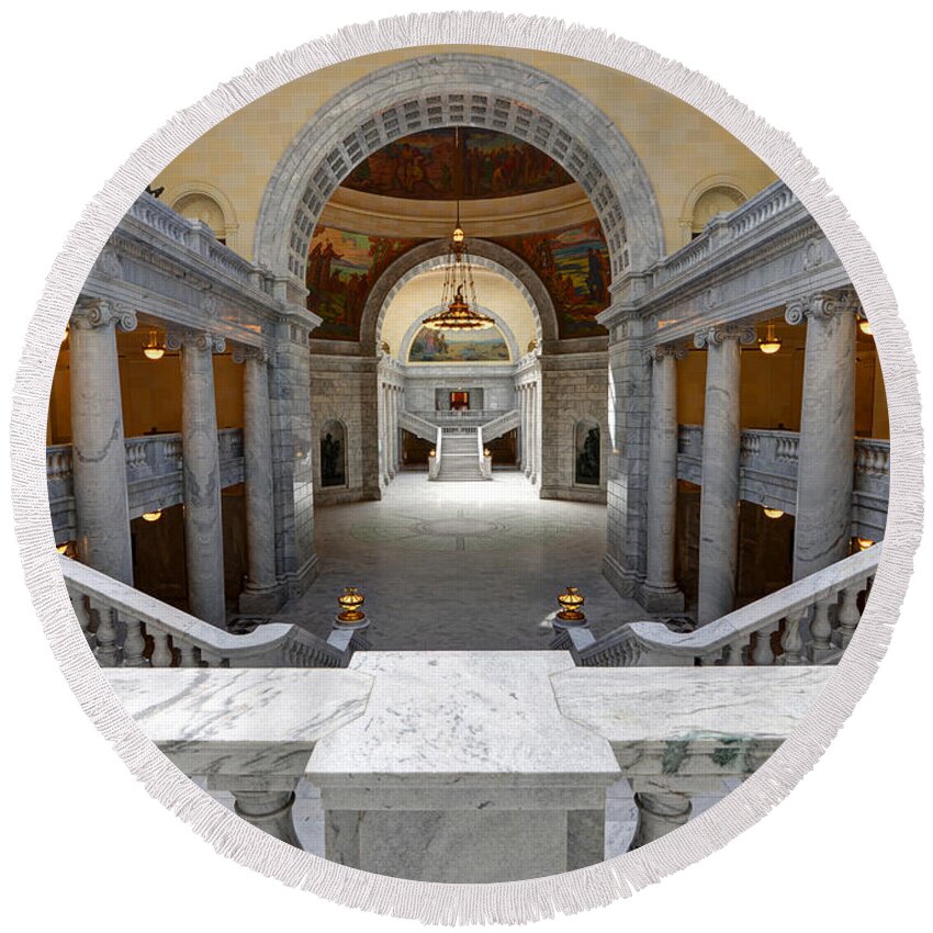 Utah State Capitol Round Beach Towel featuring the photograph Utah State Capitol Interior Steps - Salt Lake City by Gary Whitton