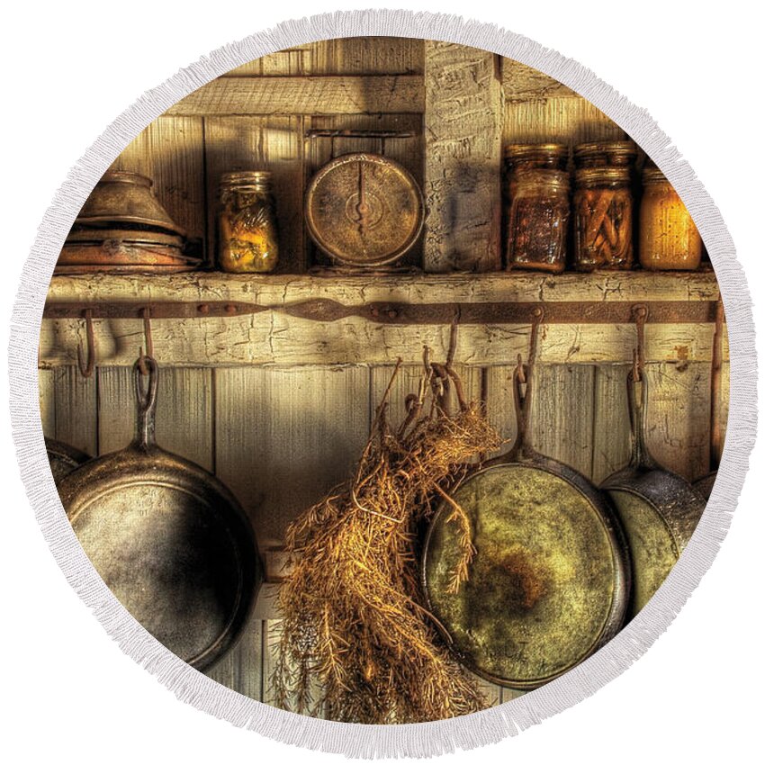 Kitchen Round Beach Towel featuring the photograph Utensils - Old country kitchen by Mike Savad