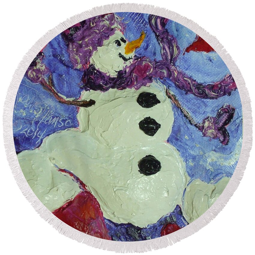 Snowman Round Beach Towel featuring the painting Valentine's Day Hearts Snowman by Paris Wyatt Llanso