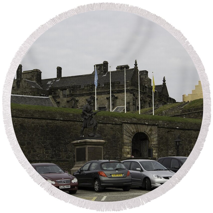 Architecture Round Beach Towel featuring the photograph Vehicles at the parking lot of Stirling Castle by Ashish Agarwal