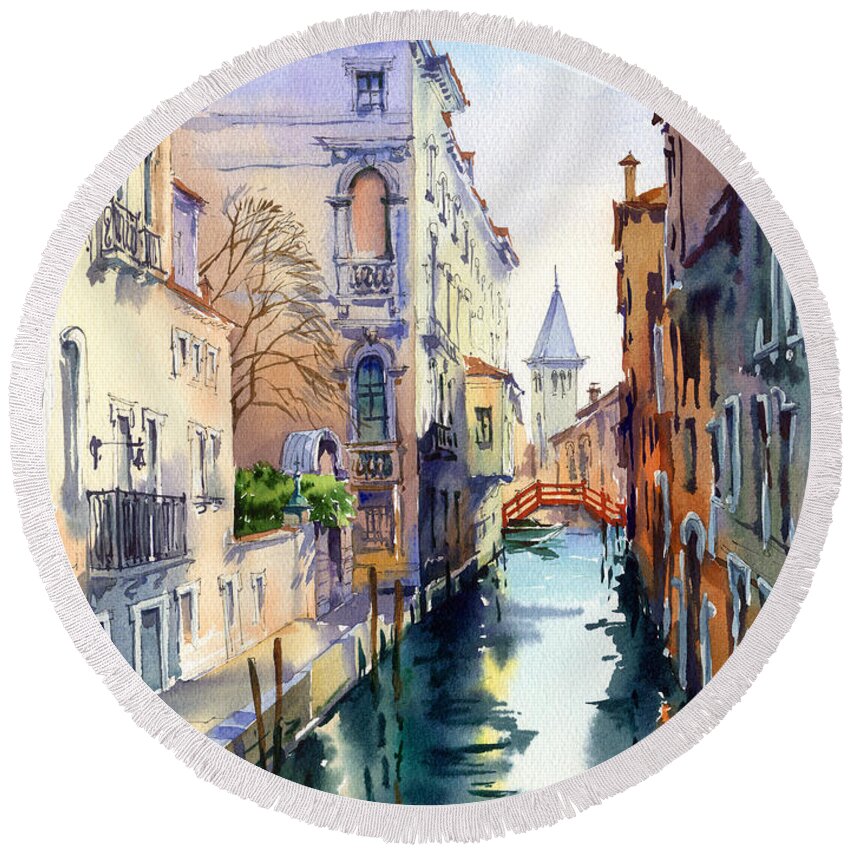 Venetian Canal Round Beach Towel featuring the painting Venetian Canal V by Maria Rabinky
