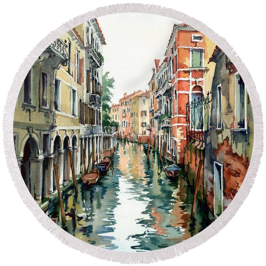 Venetian Canal Round Beach Towel featuring the painting Venetian Canal VII by Maria Rabinky