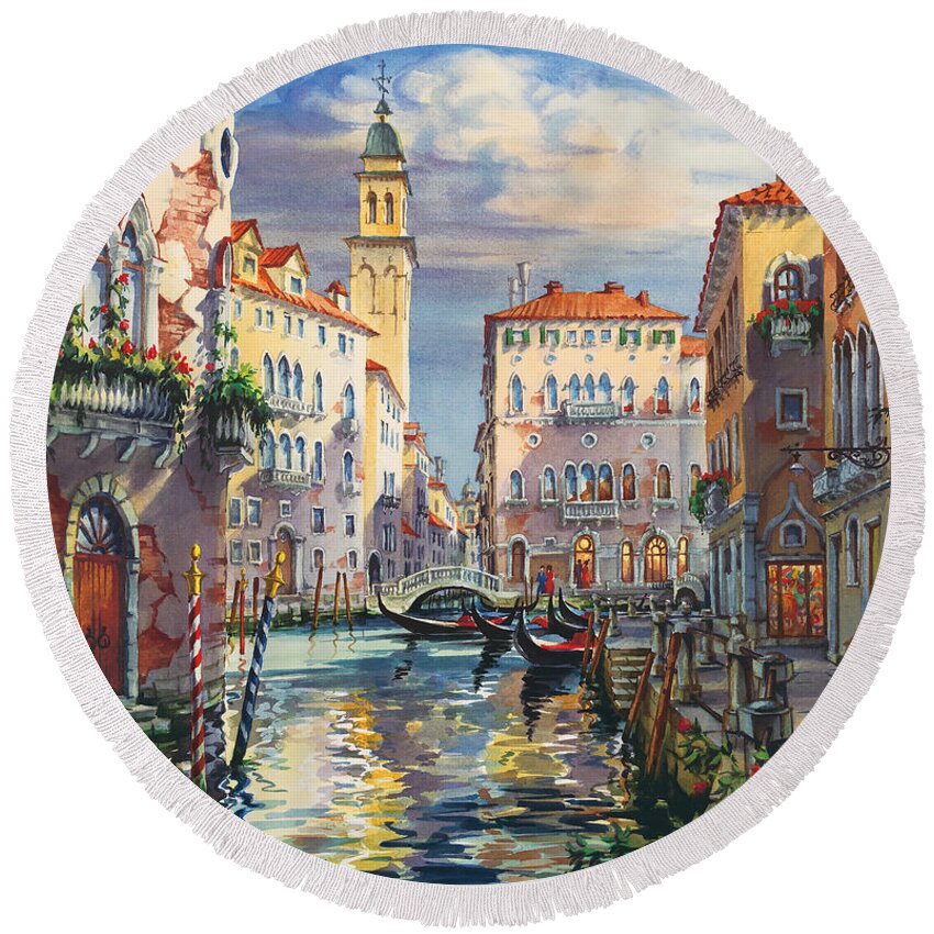 Venetian Canal Round Beach Towel featuring the painting Venice before sunset by Maria Rabinky