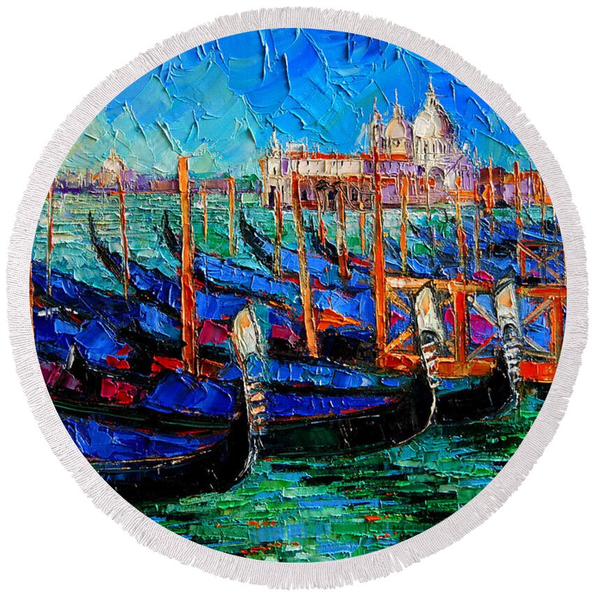 Venice Round Beach Towel featuring the painting Venice - Gondolas - Santa Maria Della Salute by Mona Edulesco