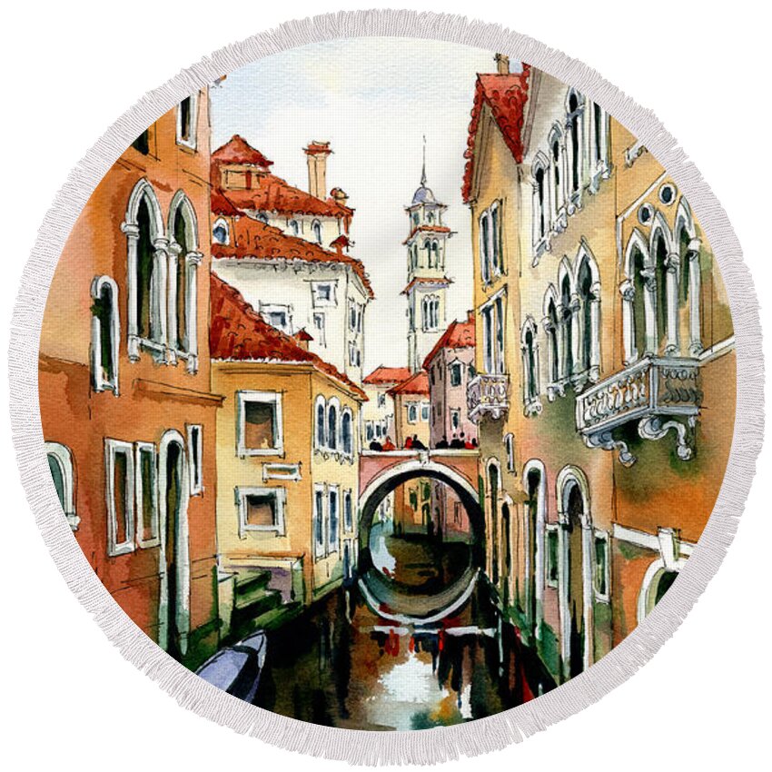 Venice Round Beach Towel featuring the painting Venice in March by Maria Rabinky
