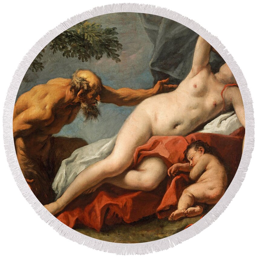 Sebastiano Ricci Round Beach Towel featuring the painting Venus and Satyr by Sebastiano Ricci
