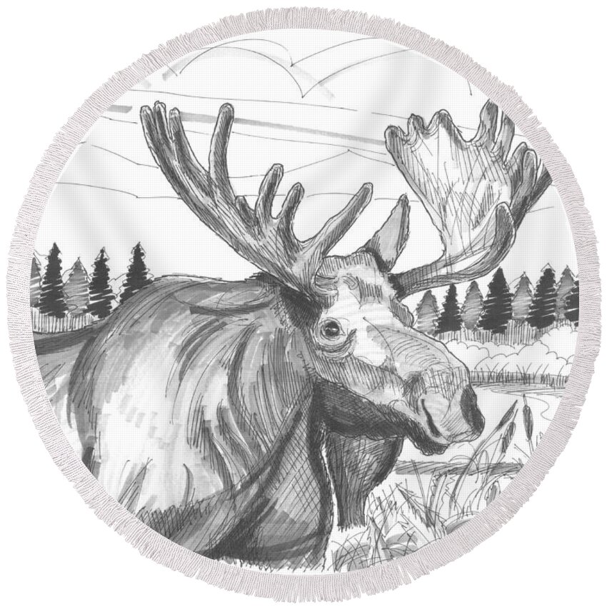 Vermont Bull Moose Round Beach Towel featuring the drawing Vermont Bull Moose by Richard Wambach