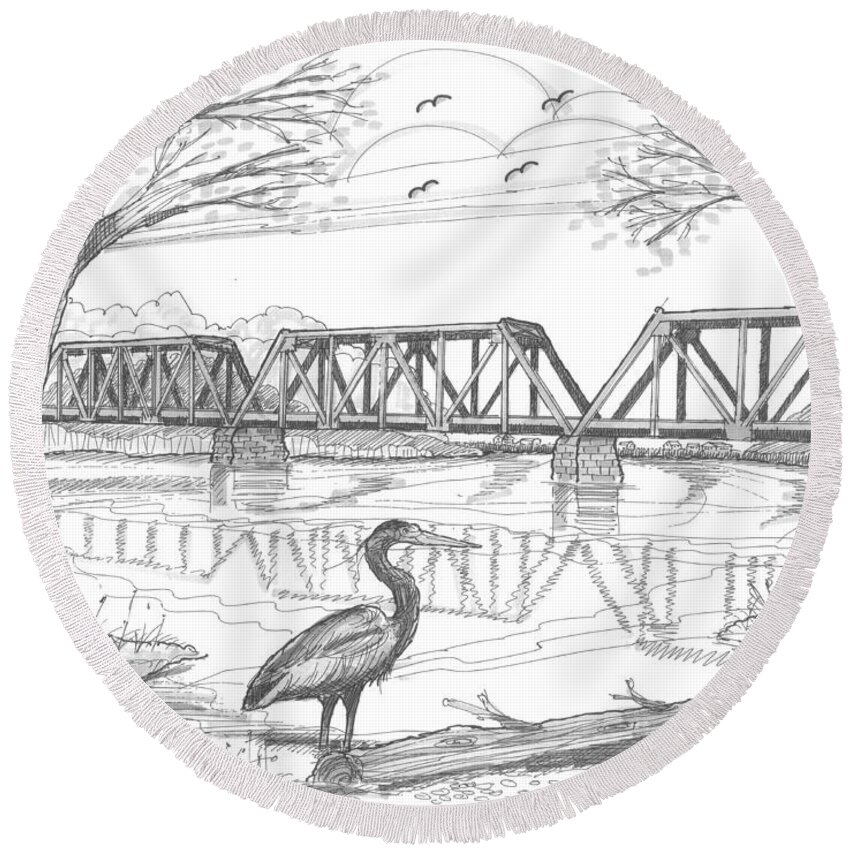 Vermont Railroad Round Beach Towel featuring the drawing Vermont Railroad on Connecticut River by Richard Wambach