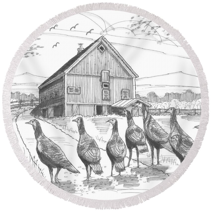 Vermont Wild Turkeys Round Beach Towel featuring the drawing Vermont Wild Turkeys by Richard Wambach