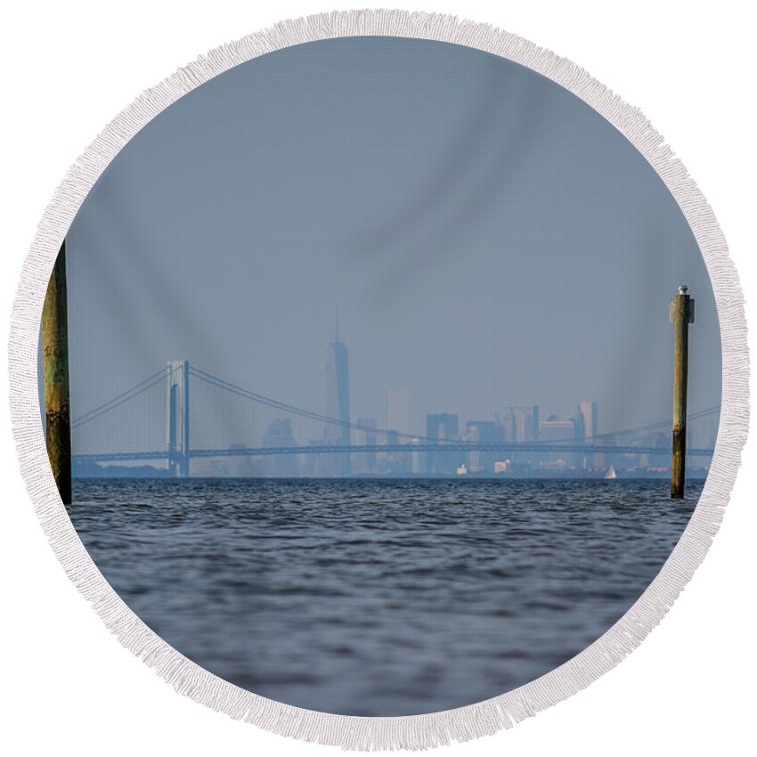 Bayshore Waterfront Round Beach Towel featuring the photograph Verrazano-Narrows bridge and NYC skyline from Port Monmouth by SAURAVphoto Online Store