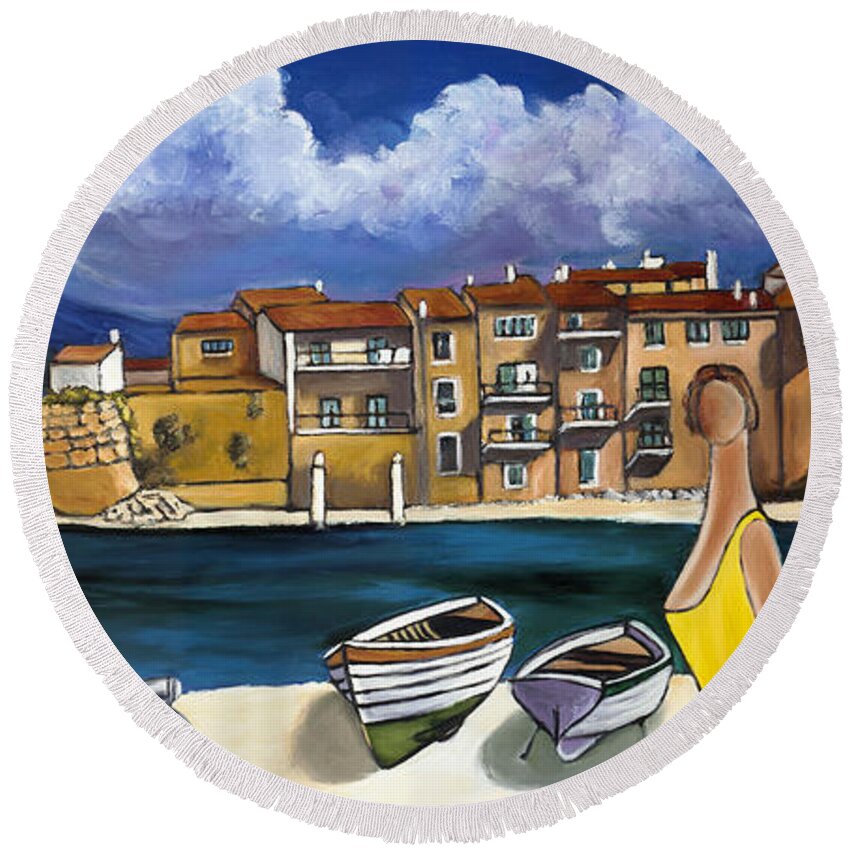 Mediterranean Art Round Beach Towel featuring the painting Vespa And French Cove by William Cain