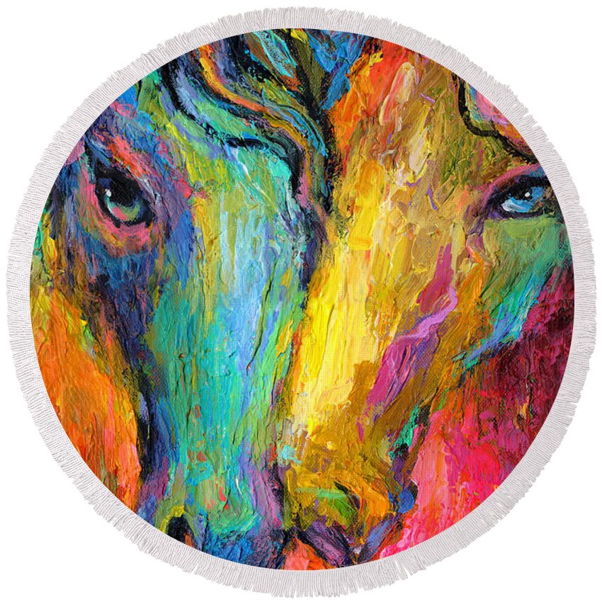 Impressionistic Horse Painting Round Beach Towel featuring the painting Vibrant Impressionistic Horses painting by Svetlana Novikova