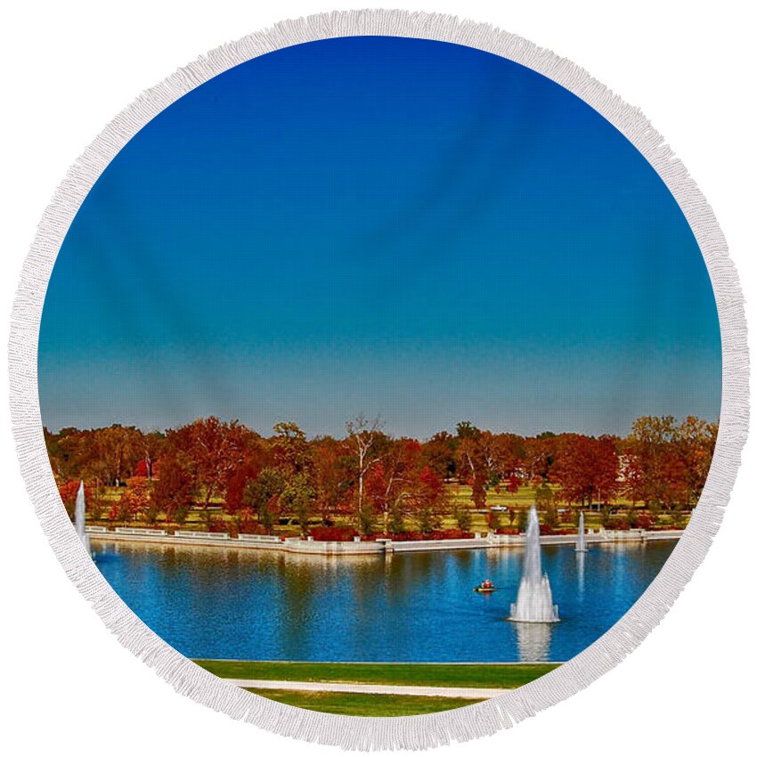 Landscape Photography Round Beach Towel featuring the photograph View from Art Hill Forest Park Missouri by Peggy Franz