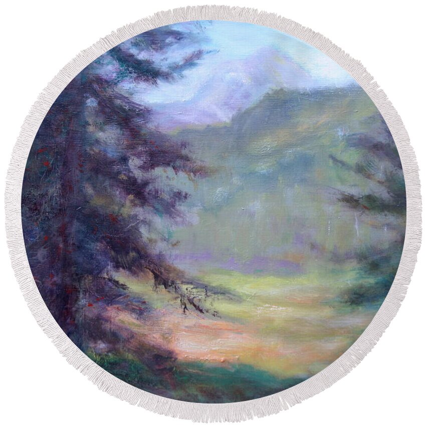 Quin Sweetman Round Beach Towel featuring the painting View from the Trail - Scenic Landscape Painting by Quin Sweetman