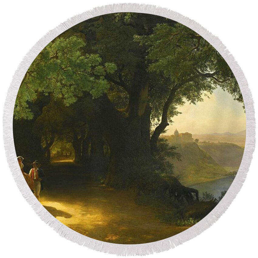 Lev Feliksovich Lagorio Round Beach Towel featuring the painting View of Castel Gandolfo and Lake Albano by Lev Feliksovich Lagorio