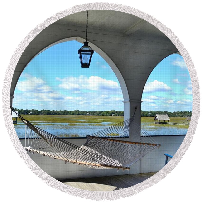 Scenic Round Beach Towel featuring the photograph View Of The Marsh From The Pelican Inn by Kathy Baccari