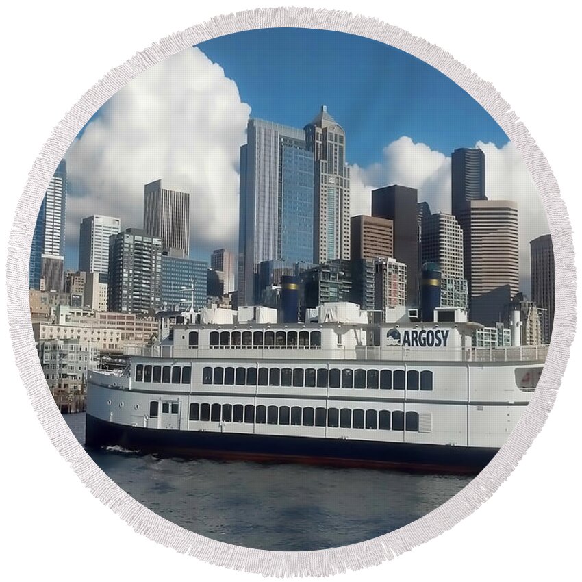 Transportation Round Beach Towel featuring the photograph View of the Seattle Waterfront by Cathy Anderson