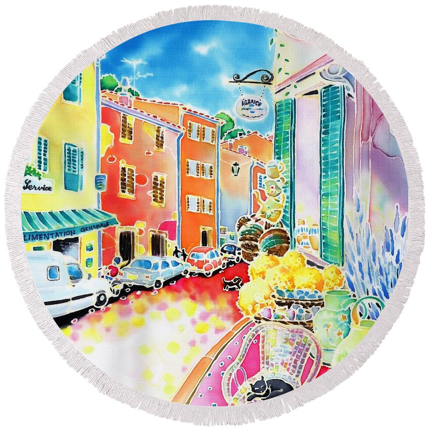 France Round Beach Towel featuring the painting Ville lumineuse by Hisayo OHTA