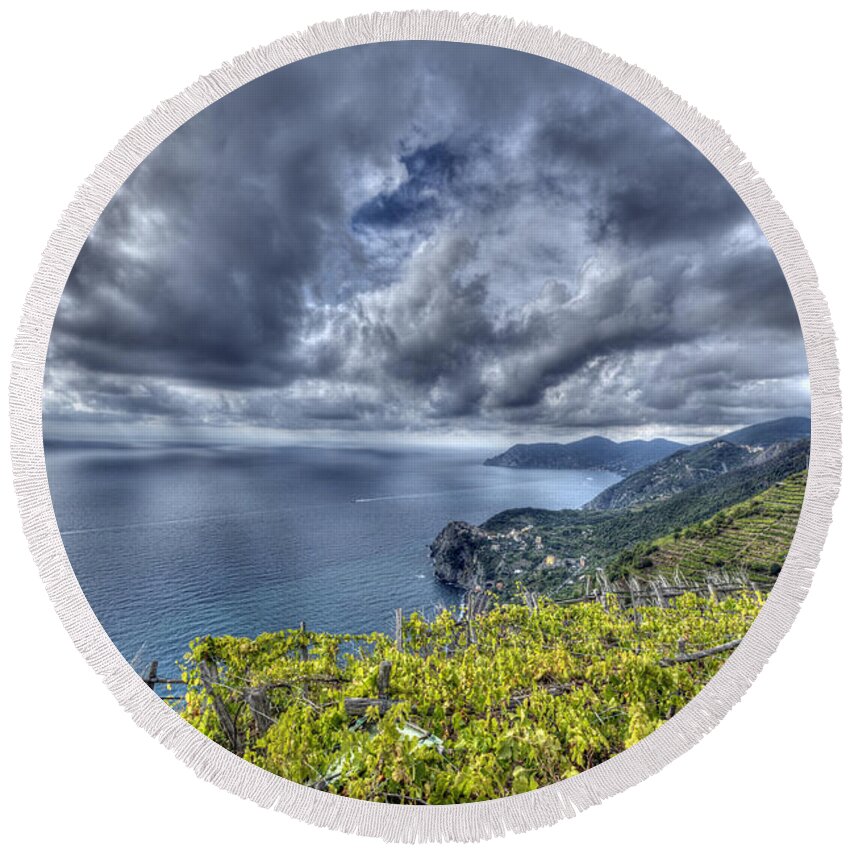 Europe Round Beach Towel featuring the photograph Vineyards above Cinque Terre by Matt Swinden