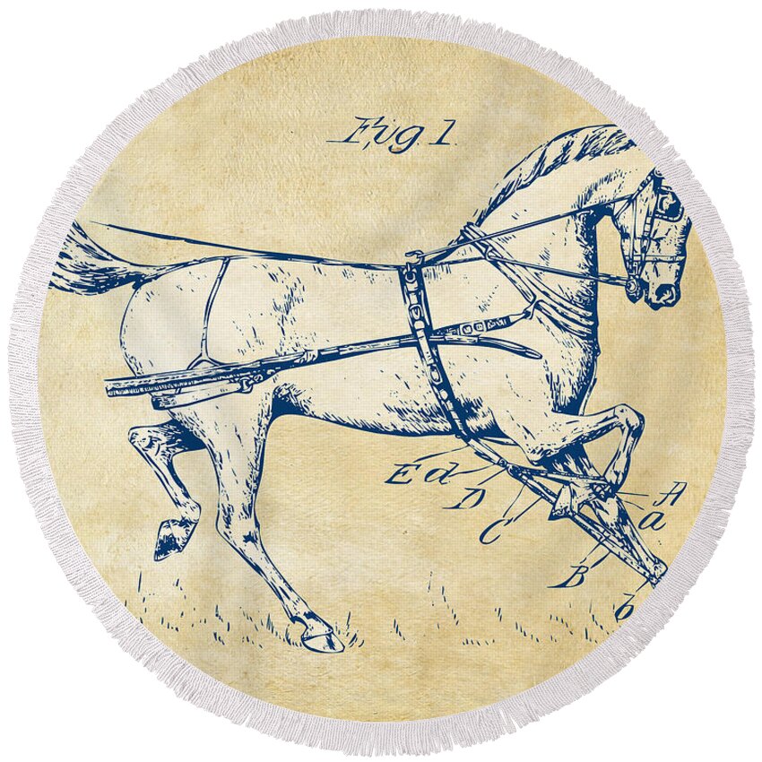 Horse Round Beach Towel featuring the digital art Vintage 1900 Horse Hobble Patent Artwork by Nikki Smith