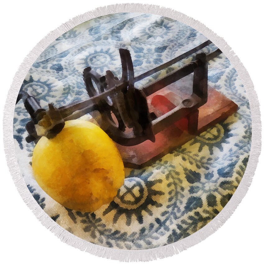 Apple Round Beach Towel featuring the photograph Vintage Apple Peeler by Susan Savad