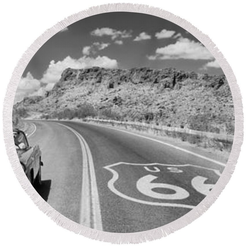 Photography Round Beach Towel featuring the photograph Vintage Car Moving On The Road, Route by Panoramic Images