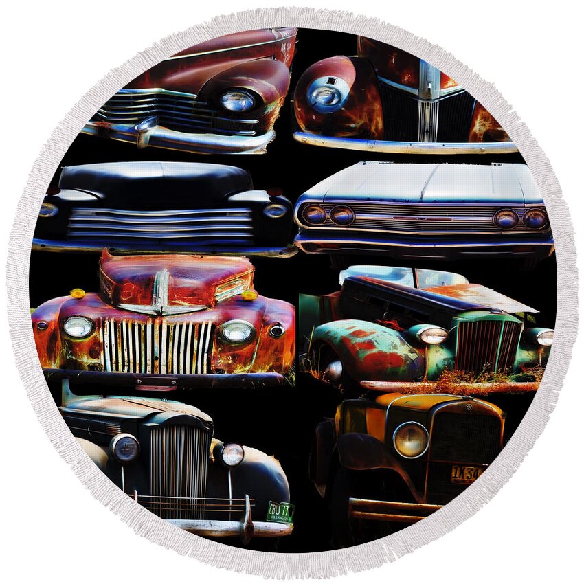 Cars Round Beach Towel featuring the digital art Vintage Cars Collage 2 by Cathy Anderson