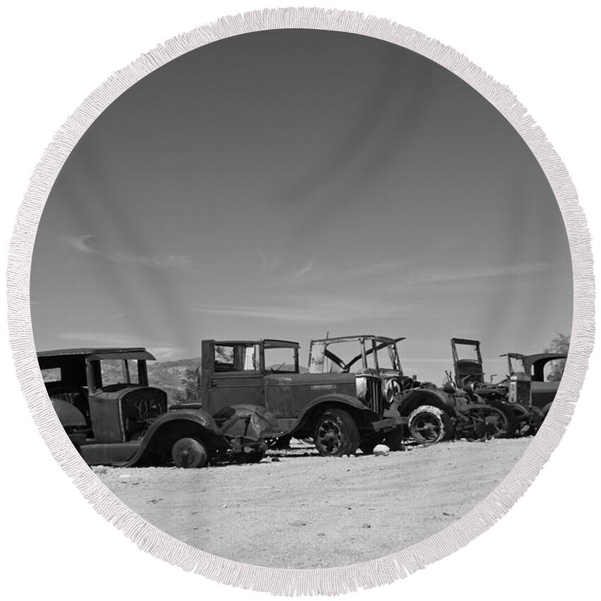 Black And White Round Beach Towel featuring the photograph Vintage Cars by Kelly Holm