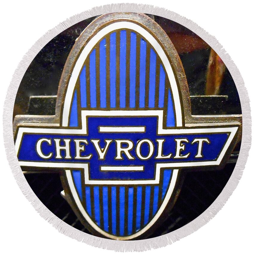 American Vintage Cars Round Beach Towel featuring the photograph Vintage Chevrolet Logo by Joan Reese