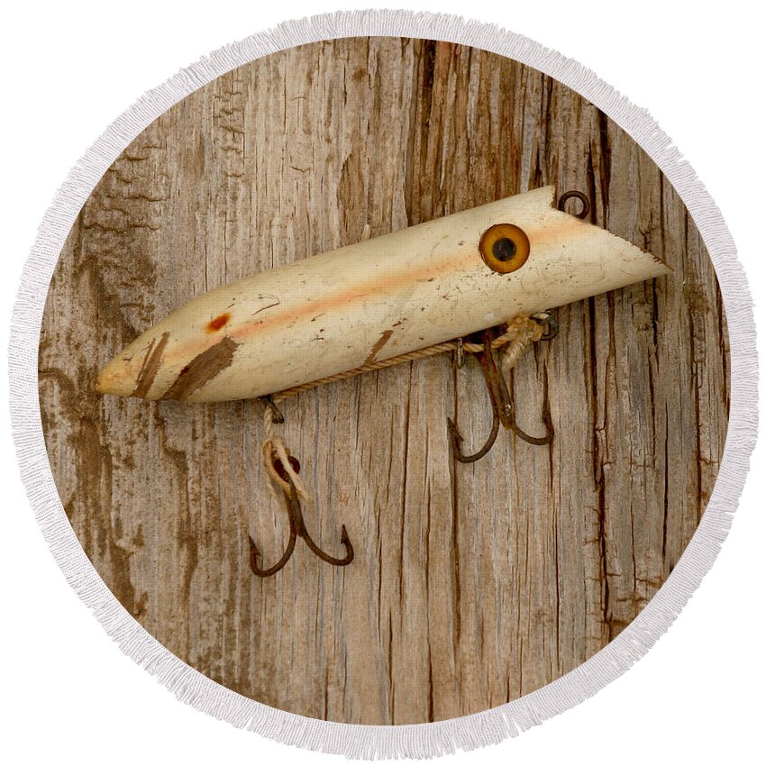 Fishing Round Beach Towel featuring the photograph Vintage Fishing Lure by Art Block Collections