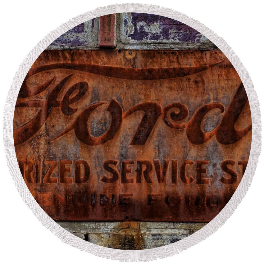 Vintage Round Beach Towel featuring the photograph Vintage Ford Authorized Service Sign by Alan Hutchins
