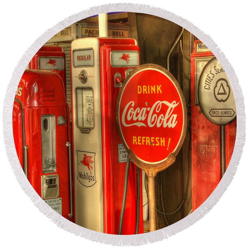 Antiques Round Beach Towel featuring the photograph Vintage Gasoline Pumps With Coca Cola Sign by Bob Christopher