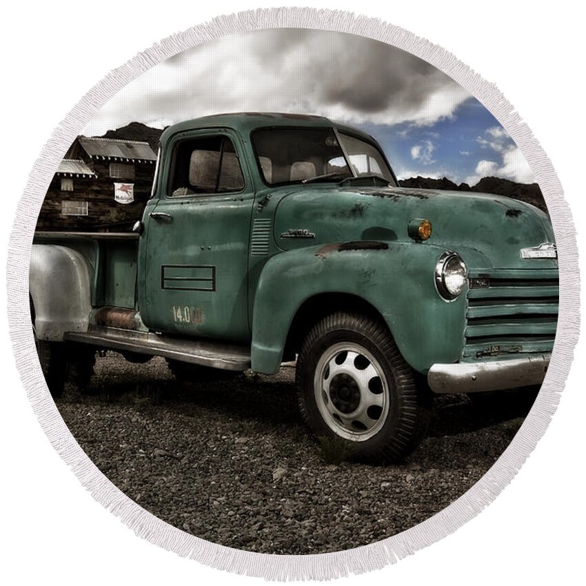 Car Round Beach Towel featuring the photograph Vintage Green Chevrolet Truck by Gianfranco Weiss