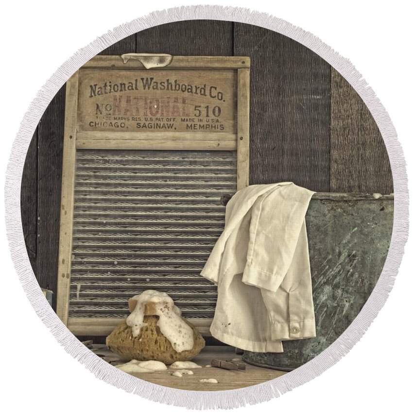Laundry Round Beach Towel featuring the photograph Vintage Laundry Room II by Edward M Fielding by Edward Fielding