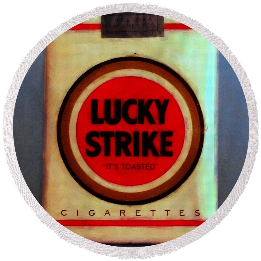 Cigarette Round Beach Towel featuring the photograph Vintage Lucky Strike Cigarette - Painterly - v1 by Wingsdomain Art and Photography
