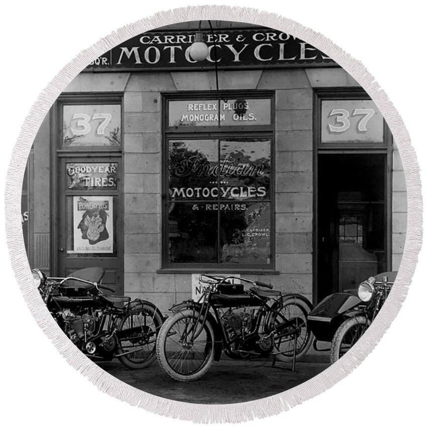 Vintage Motorcycle Dealership Round Beach Towel featuring the photograph Vintage Motorcycle Dealership by Jon Neidert