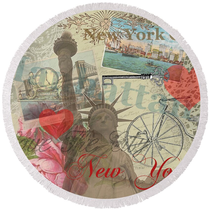 New York Round Beach Towel featuring the digital art Vintage New York City Collage by Mary Hubley