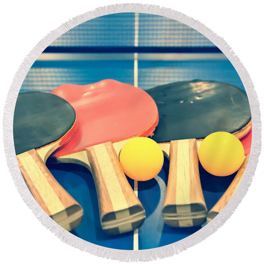 Ping-pong Round Beach Towel featuring the photograph Vintage Ping-pong Bats Table Tennis Paddles Rackets by Beverly Claire Kaiya