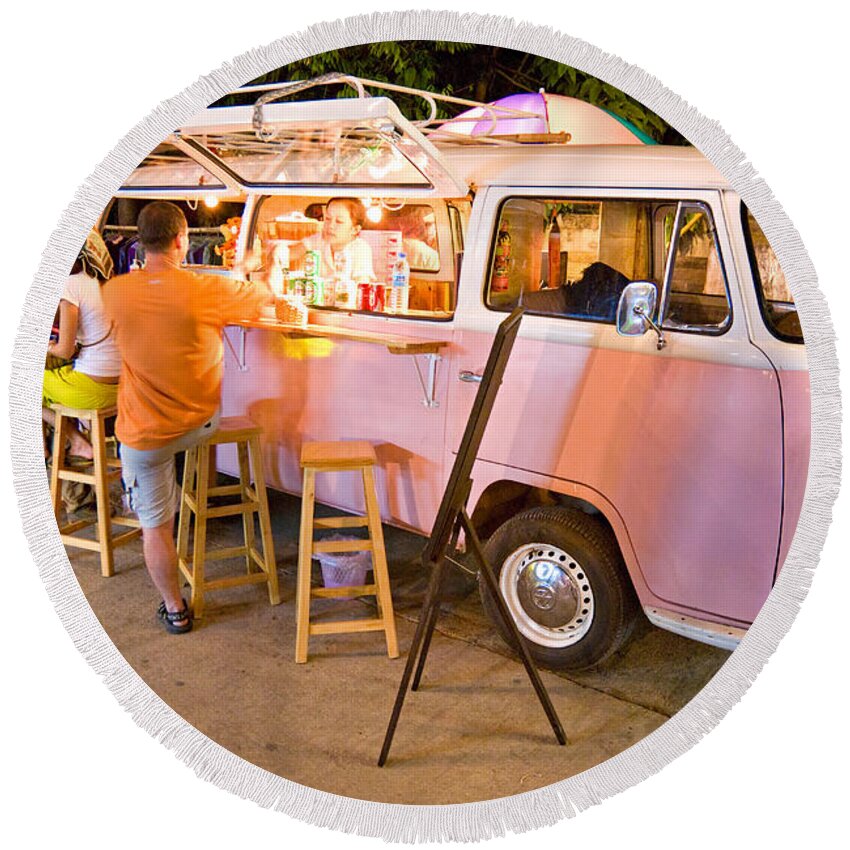 Non-alcoholic Beverage Round Beach Towel featuring the photograph Vintage pink Volkswagen Bus by Luciano Mortula