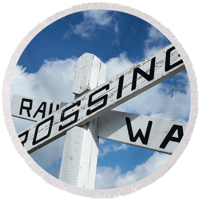 Railway Round Beach Towel featuring the photograph Vintage Railway Crossing Sign by Edward Fielding