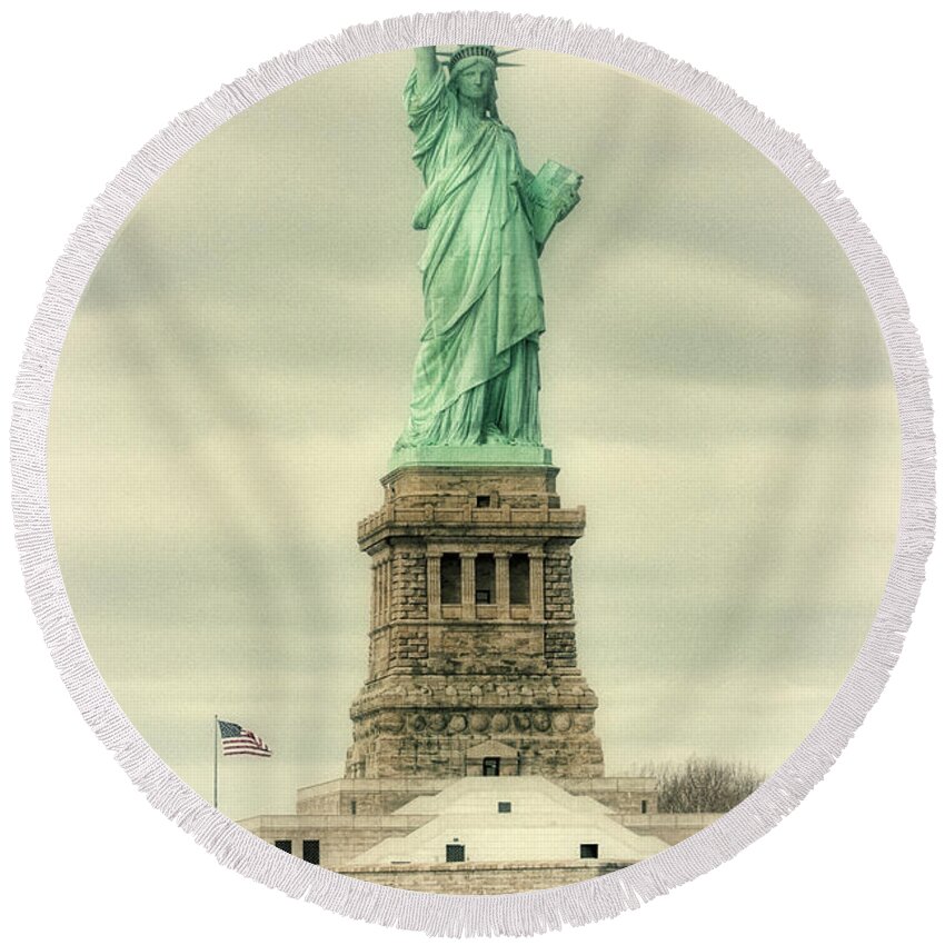 New York City Round Beach Towel featuring the photograph Vintage Statue of Liberty by Lindley Johnson