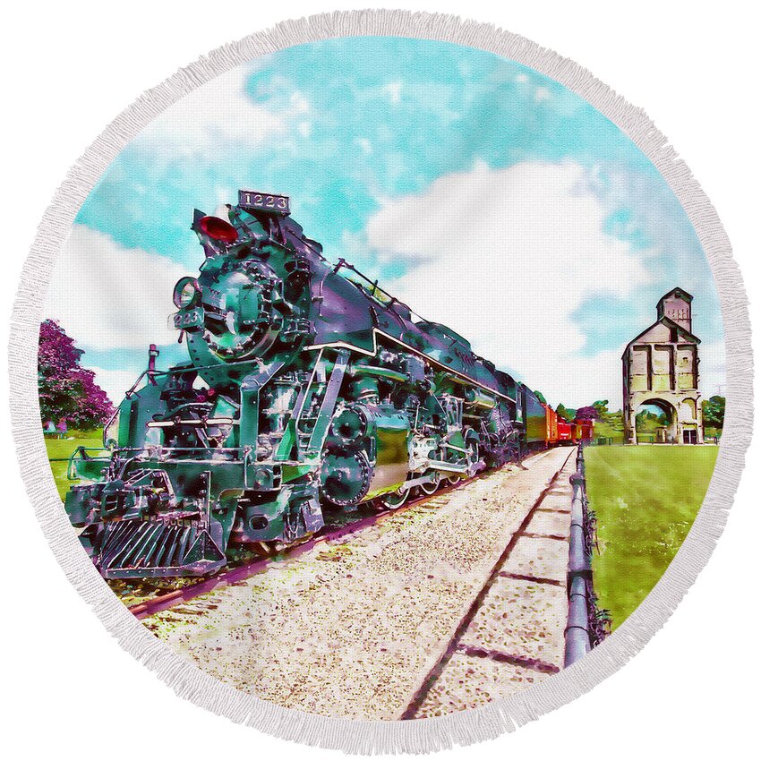 Vintage Round Beach Towel featuring the painting Vintage Train watercolor by Marian Voicu