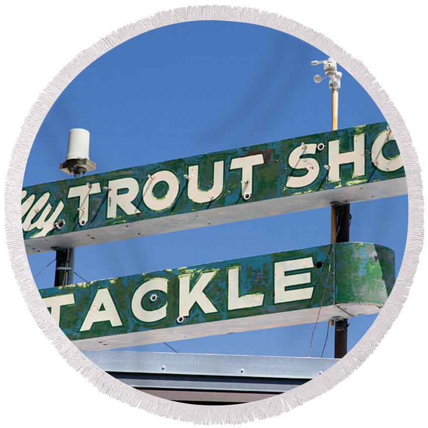 Sign Round Beach Towel featuring the photograph Vintage Trout Shop Sign West Yellowstone by Edward Fielding