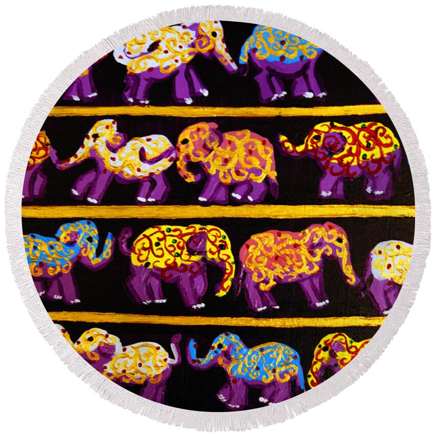 Elephant Round Beach Towel featuring the painting Violet Elephants by Cassandra Buckley
