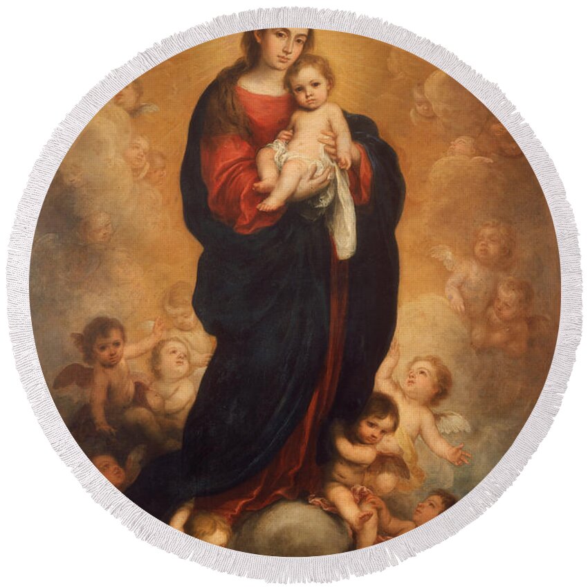 Bartolome Esteban Murillo Round Beach Towel featuring the painting Virgin and Child in Glory by Bartolome Esteban Murillo