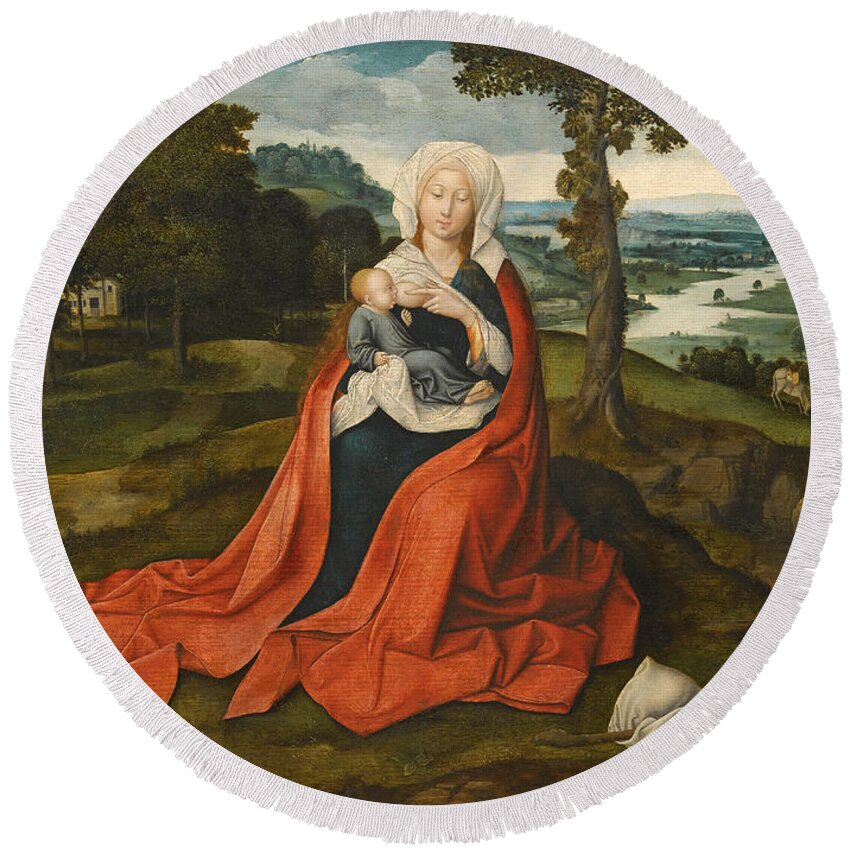 Workshop Of Joachim Patinir Round Beach Towel featuring the painting Virgin and Child seated before an extensive Landscape by Workshop of Joachim Patinir